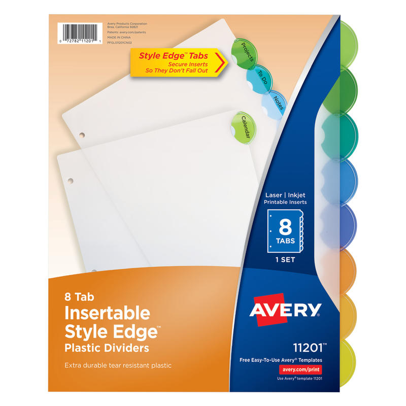 Avery Style Edge Insertable Plastic Dividers, Multicolor, 8-Tab, Pack Of 8 Dividers (Min Order Qty 28) MPN:11201