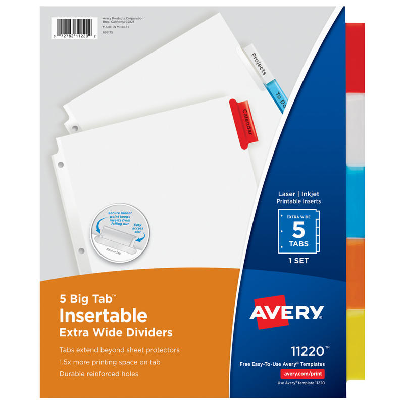 Avery Big Tab Extra-Wide Insertable Dividers, 9-1/4in x 11-1/8in, Clear Reinforced, White/Multicolor, 5-Tab (Min Order Qty 37) MPN:11220