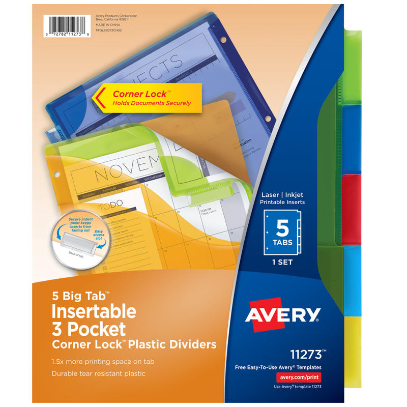 Avery Dividers for 3 Ring Binders, 5-Tab Binder Dividers, Three-Pocket Plastic Binder Dividers with Corner Lock, Insertable Big Tab, Multicolor, 1 Set (11273) (Min Order Qty 13) MPN:11273