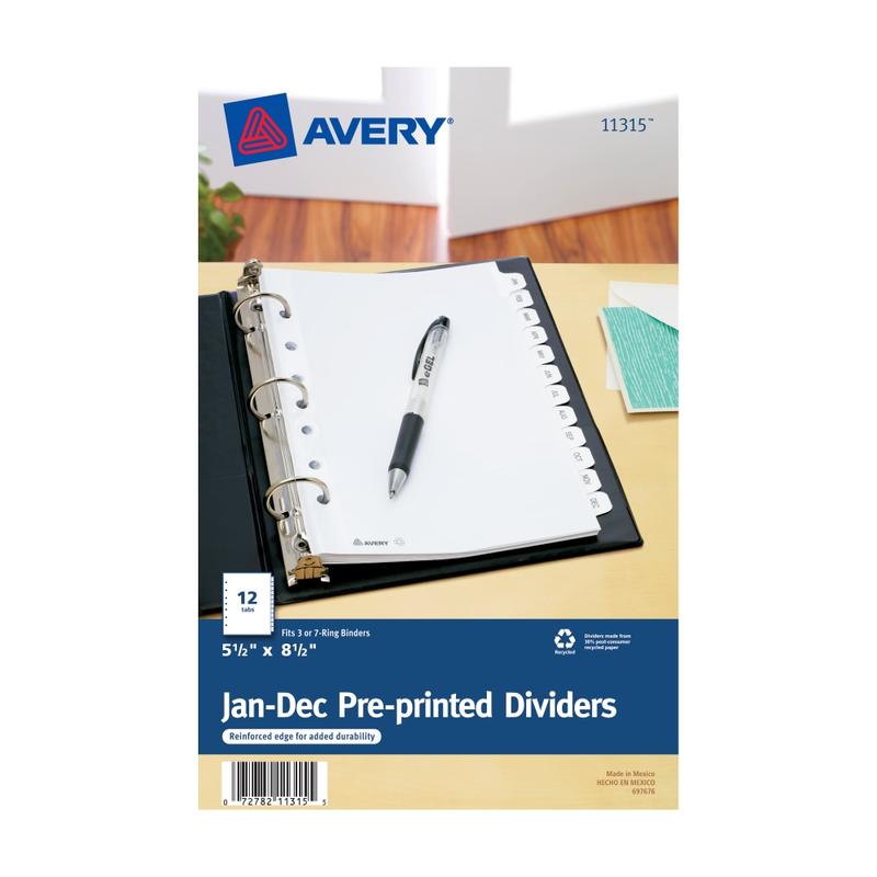 Avery Mini Preprinted Dividers, 5-1/2in x 8-1/2in, 12-Tab (Jan.-Dec.), White, 1 Set (Min Order Qty 14) MPN:11315