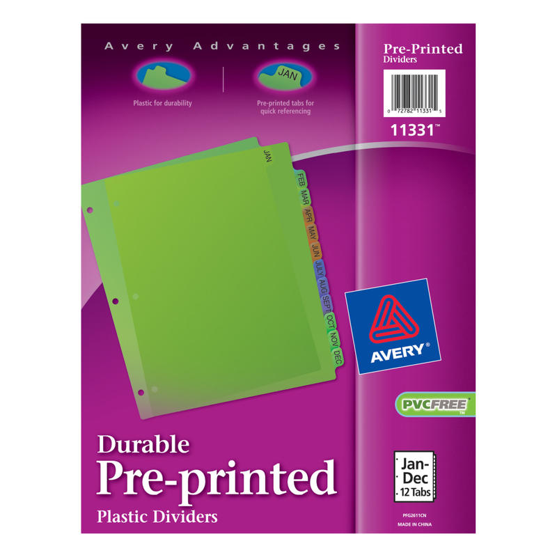 Avery Preprinted Tab Plastic Dividers, 8 1/2in x 11in, Jan-Dec Tabs, Multicolor, Set Of 12 (Min Order Qty 18) MPN:11331