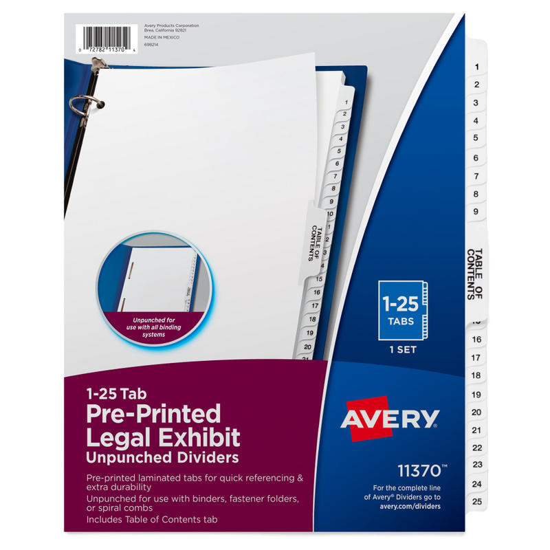 Avery Premium Collated Legal Dividers Avery Style, Side-Tab, 1-25 & Table Of Contents, 8-1/2in x 11in (Min Order Qty 38) MPN:11370