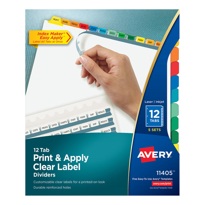 Avery Customizable Index Maker Dividers For 3 Ring Binder, Easy Print & Apply Clear Label Strip, 12 Tab, Multicolor, Pack Of 5 Sets (Min Order Qty 2) MPN:11405