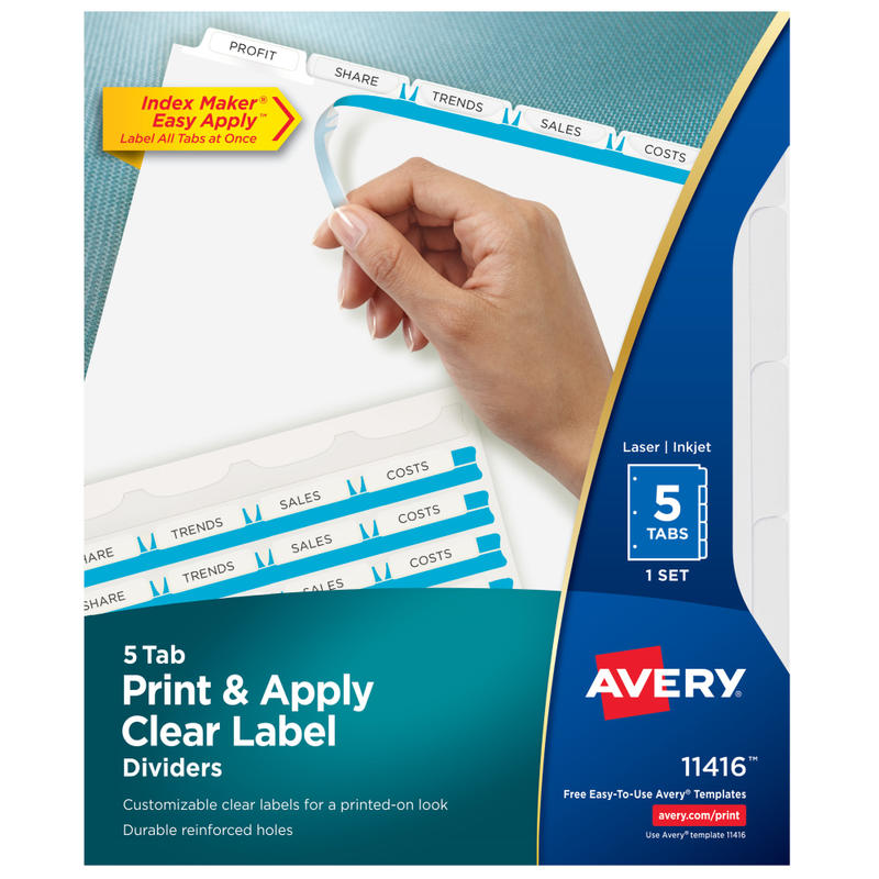 Avery Customizable Index Maker Dividers For 3 Ring Binder, Easy Print & Apply Clear Label Strip, 5 Tab, White, 1 Set (Min Order Qty 10) MPN:11416