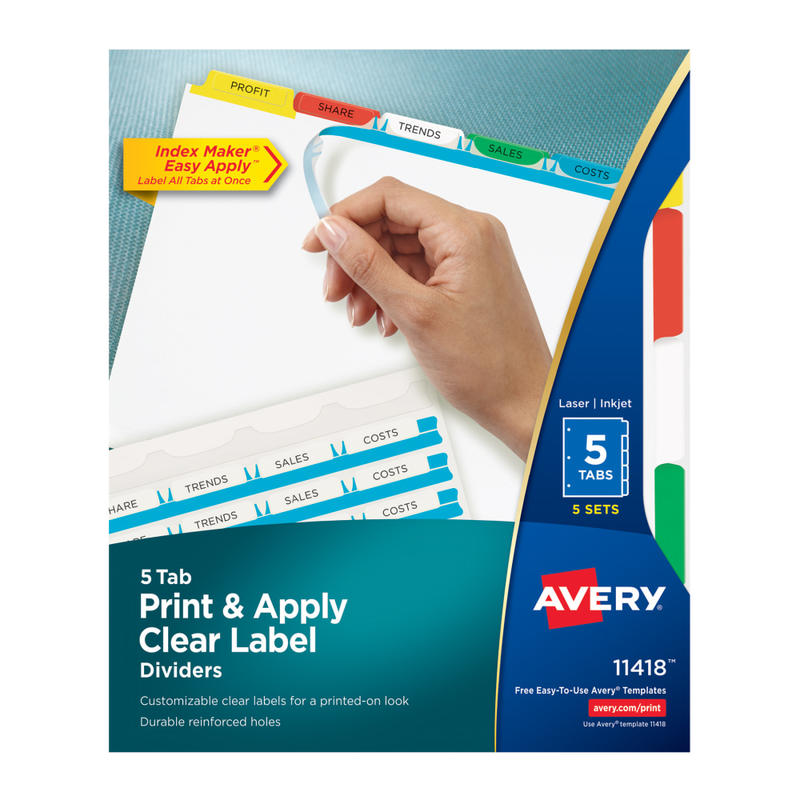 Avery Customizable Index Maker Dividers For 3 Ring Binder, Easy Print & Apply Clear Label Strip, 5 Tab, Multicolor, Pack Of 5 Sets (Min Order Qty 3) MPN:11418