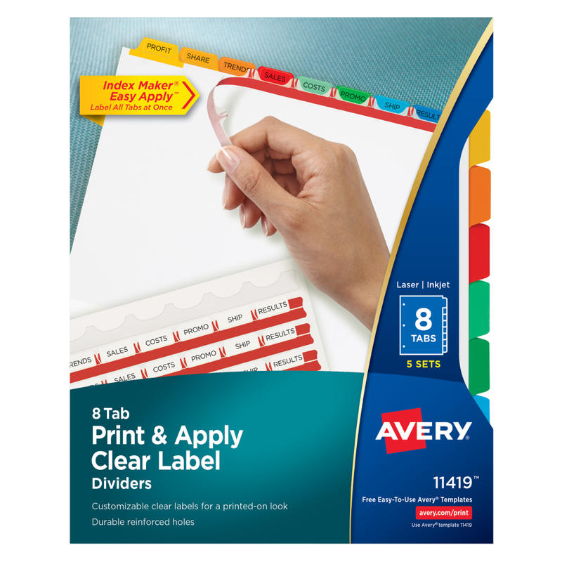 Avery Customizable Index Maker Dividers For 3 Ring Binder, Easy Print & Apply Clear Label Strip, 8 Tab, Multicolor, Pack Of 5 Sets (Min Order Qty 3) MPN:11419