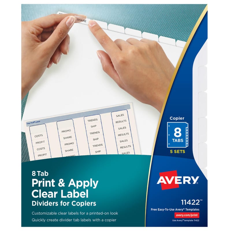 Avery Print & Apply Clear Label Dividers With Index Maker Easy Apply Printable Label Strip for Copiers, 8-1/2in x 11in, 8-Tab, White, Pack of 5 Sets (Min Order Qty 2) MPN:11422