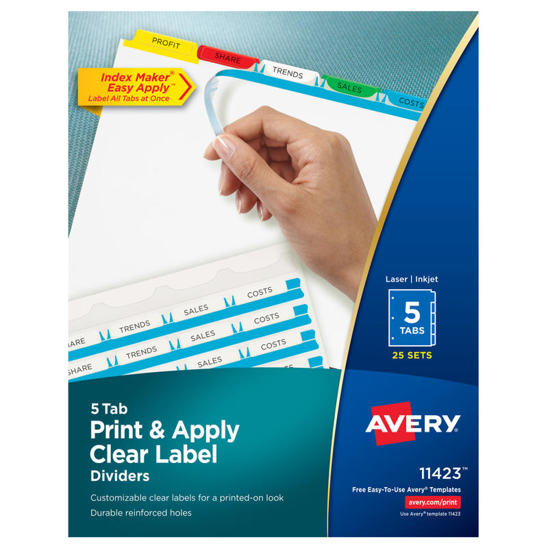 Avery Customizable Index Maker Dividers For 3 Ring Binder, Easy Print & Apply Clear Label Strip, 5 Tab, Multicolor, Box Of 25 Sets MPN:11423