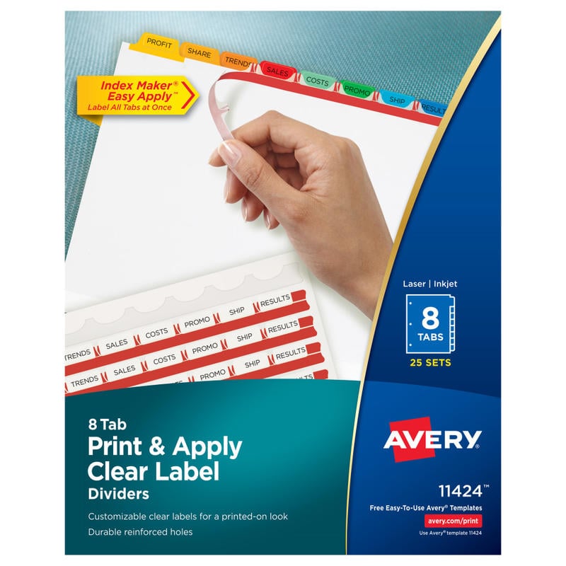 Avery Customizable Index Maker Dividers For 3 Ring Binder, Easy Print & Apply Clear Label Strip, 8 Tab, Multicolor, Box Of 25 Sets MPN:11424