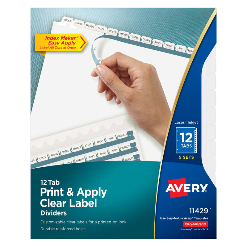 Avery Customizable Index Maker Dividers For 3 Ring Binder, Easy Print & Apply Clear Label Strip, 12 Tab, White, Pack Of 5 Sets (Min Order Qty 2) MPN:11429