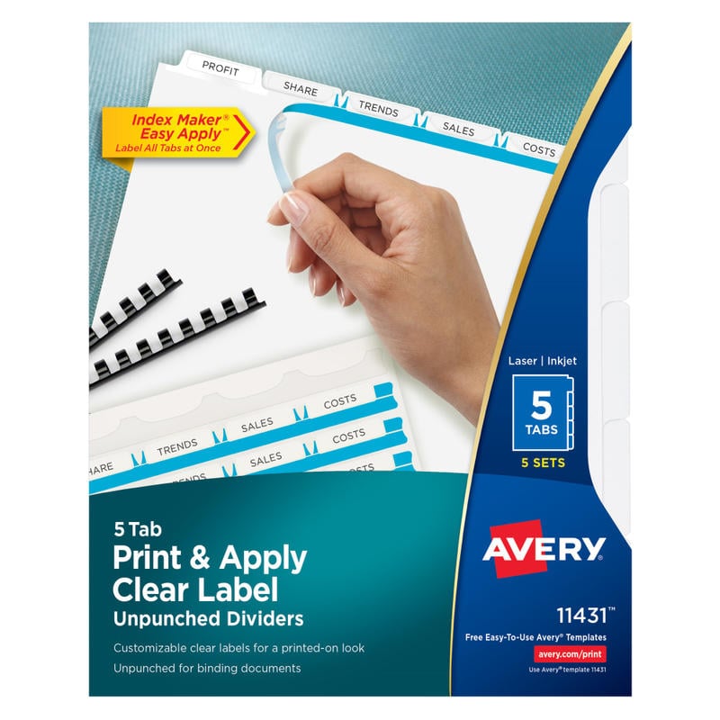 Avery Customizable Index Maker Unpunched Dividers For Use With Any Binding System, Easy Print & Apply Clear Label Strip, 5 Tab, White, Pack Of 5 Sets (Min Order Qty 3) MPN:11431