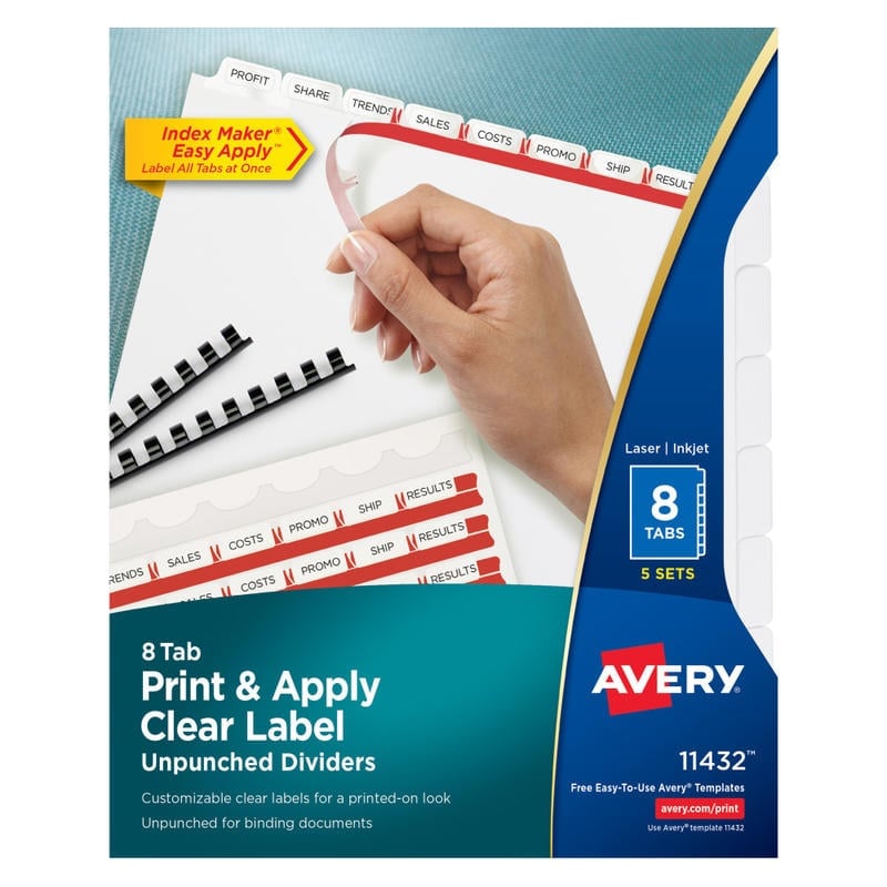 Avery Print & Apply Clear Label Dividers With Index Maker Easy Apply Printable Label Strip And White Tabs, 8-Tab, Box Of 5 Sets (Min Order Qty 3) MPN:11432