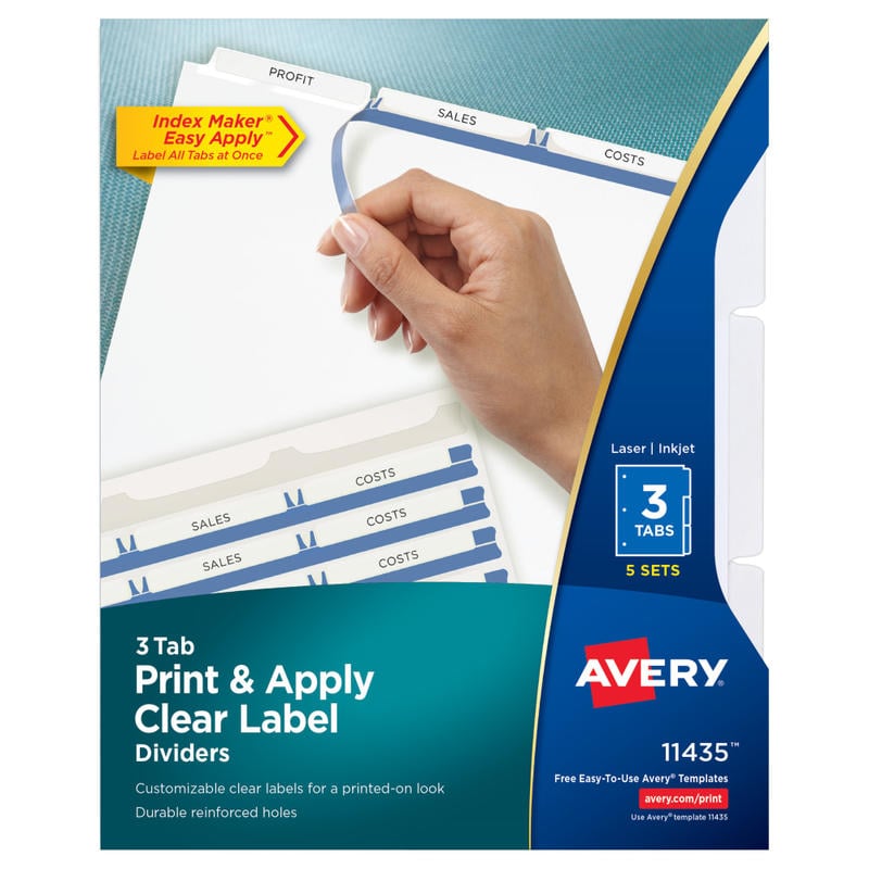 Avery Customizable Index Maker Dividers For 3 Ring Binder, Easy Print & Apply Clear Label Strip, 3 Tab, White, Pack Of 5 Sets (Min Order Qty 3) MPN:11435