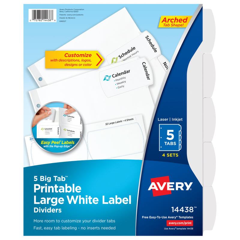 Avery Big Tab Printable Large Label Dividers With Easy Peel, 8 1/2in x 11in, 5 Tab, White, Pack Of 4 (Min Order Qty 5) MPN:11438