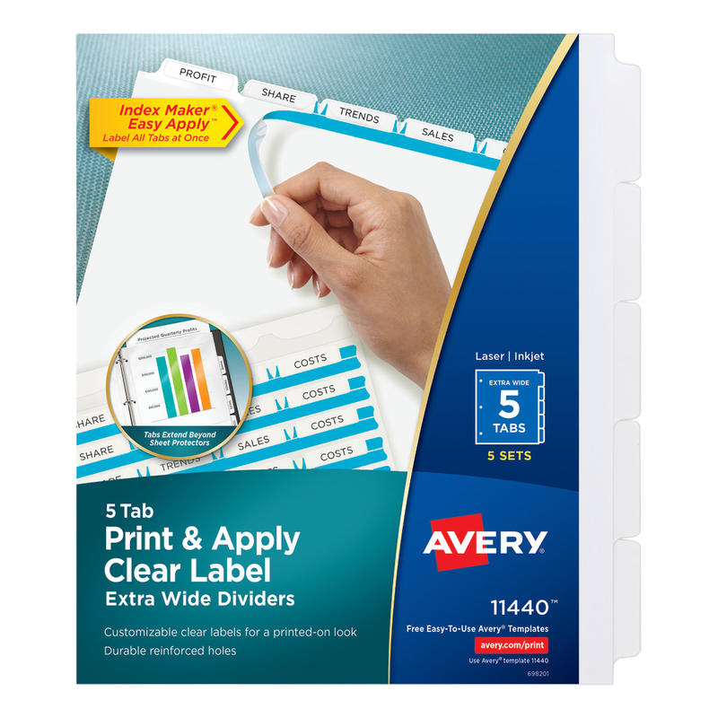 Avery Customizable Index Maker Extra-Wide Dividers For 3 Ring Binder, Easy Print & Apply Clear Label Strip, 5 Tab, Pack Of 5 Sets (Min Order Qty 2) MPN:11440