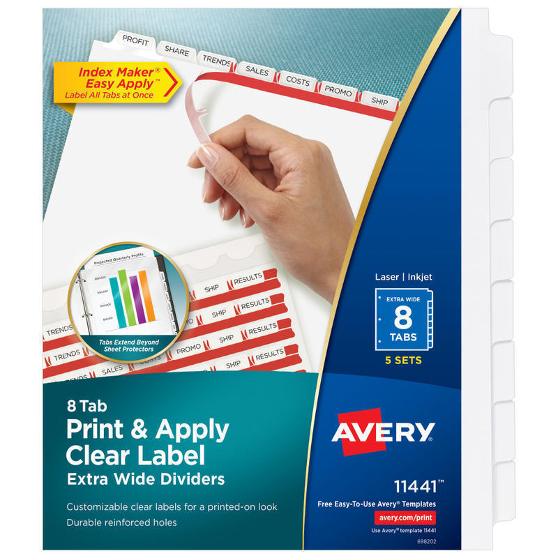 Avery Customizable Index Maker Extra-Wide Dividers For 3 Ring Binder, Easy Print & Apply Clear Label Strip, 8 Tab, Pack Of 5 Sets (Min Order Qty 2) MPN:11441