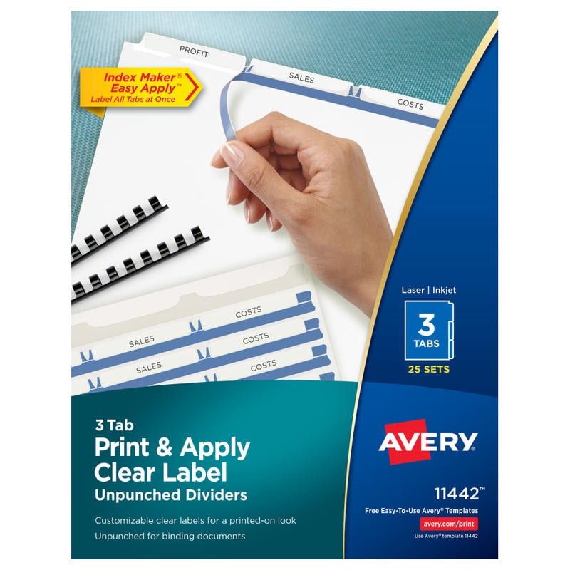 Avery Print & Apply Clear Label Dividers With Index Maker Easy Apply Printable Label Strip And White Tabs, Unpunched, 3-Tab, Box Of 25 Sets MPN:11442