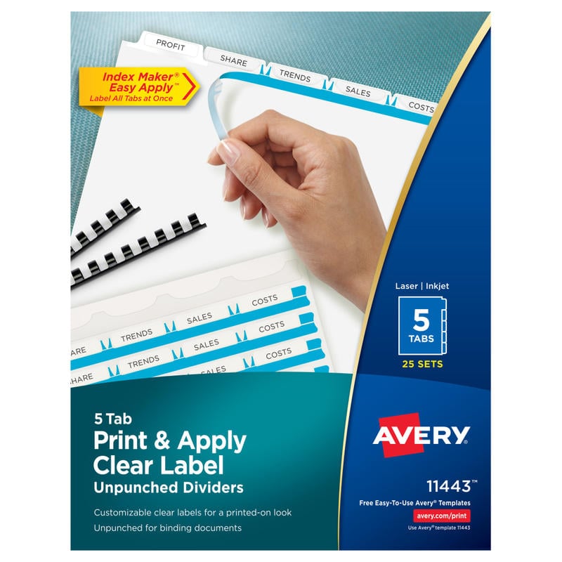 Avery Unpunched Customizable Dividers For Use With Any Binding System With Index Maker Easy Print & Apply Clear Label Strip, 5 Tab, White, Pack Of 25 Sets MPN:11443