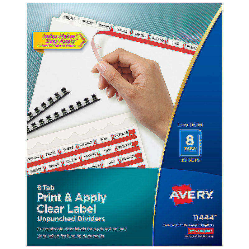 Avery Unpunched Customizable Dividers For Use With Any Binding System With Index Maker Easy Print & Apply Clear Label Strip, 8 Tab, White, Pack Of 25 Sets MPN:11444