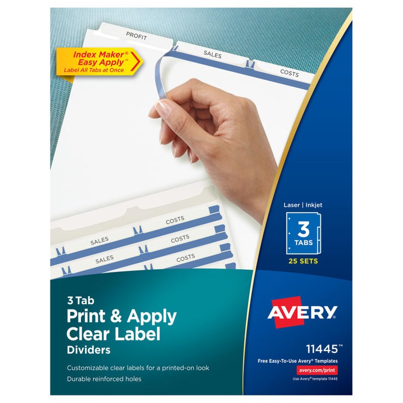 Avery Customizable Index Maker Dividers For 3 Ring Binder, Easy Print & Apply Clear Label Strip, 3 Tab, White, Box Of 25 Sets MPN:11445