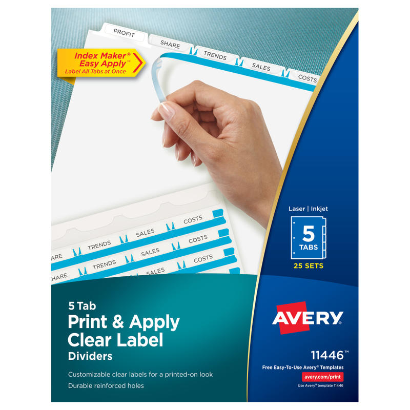 Avery Print & Apply Clear Label Dividers With Index Maker Easy Apply Printable Label Strip And White Tabs, 5-Tab, Box Of 25 Sets MPN:11446