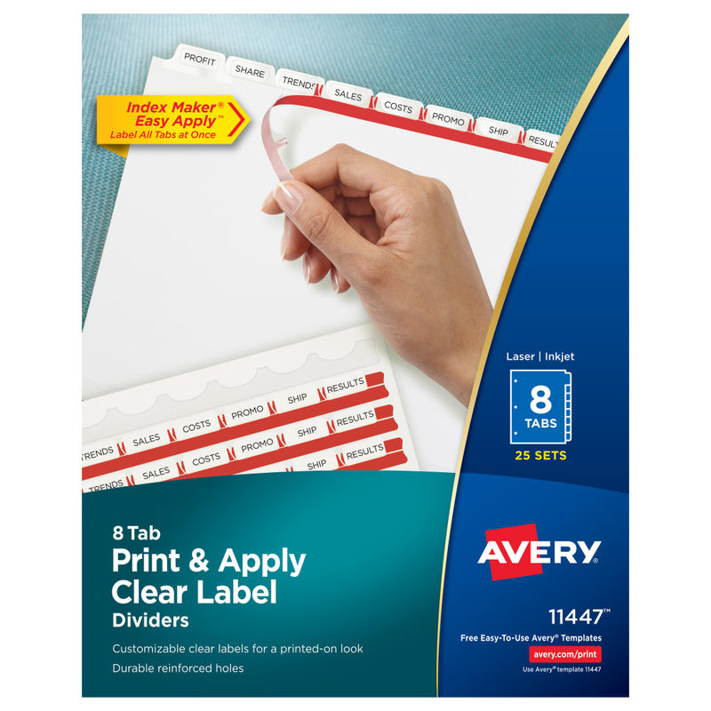 Avery Customizable Index Maker Dividers For 3 Ring Binder, Easy Print & Apply Clear Label Strip, 8 Tab, White, Box Of 25 Sets MPN:11447