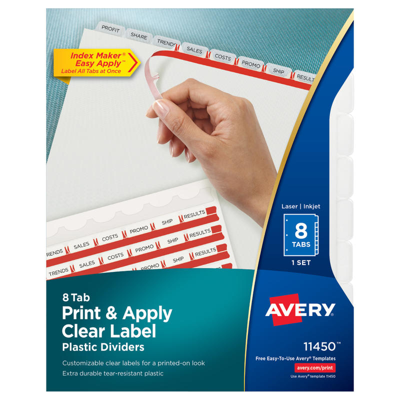 Avery Print & Apply Clear Label Translucent Plastic Dividers with Index Maker Easy Apply Printable Label Strip, 8 Frosted Clear Tabs (Min Order Qty 6) MPN:11450