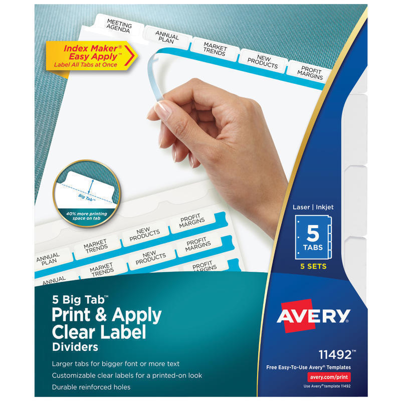 Avery Big Tab Print & Apply Clear Label Dividers with Index Maker Easy Apply Printable Label Strip, 5-Tab, White, Pack of 5 Sets (Min Order Qty 3) MPN:11492