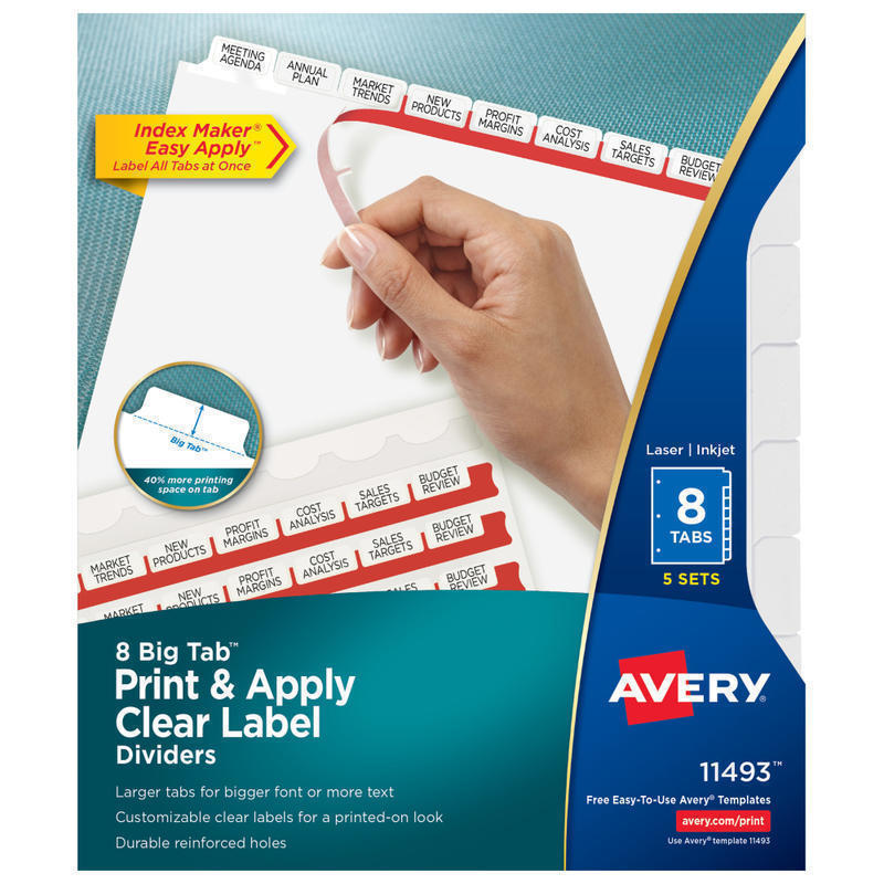 Avery Big Tab Print & Apply Clear Label Dividers with Index Maker Easy Apply Printable Label Strip, 8-Tab, White, Pack of 5 Sets (Min Order Qty 2) MPN:11493