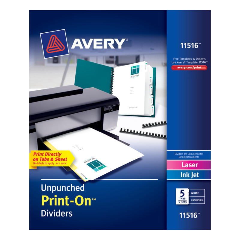 Avery Print-On Dividers, 8 1/2in x 11in, Unpunched, 5-Tab, White Dividers/White Tabs, Pack Of 5 Sets (Min Order Qty 3) MPN:11516