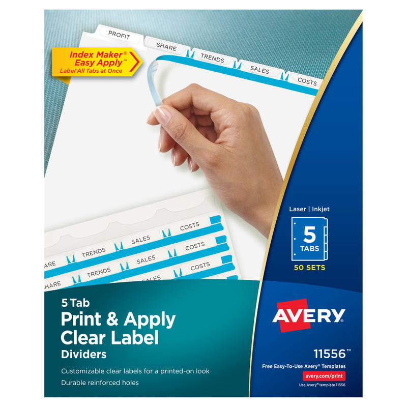 Avery Customizable Index Maker Dividers for 3 Ring Binder, Easy Print & Apply Clear Label Strip, 5 Tab, White, Box Of 50 Sets MPN:11556