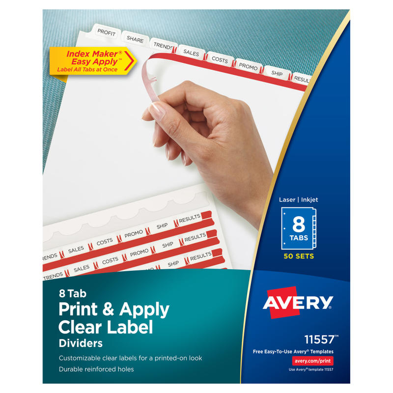 Avery Customizable Index Maker Dividers For 3 Ring Binder, Easy Print & Apply Clear Label Strip, 8 Tab, White, Pack Of 50 Sets MPN:11557