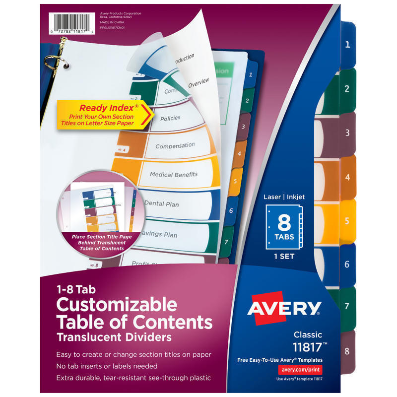 Avery Ready Index Plastic Dividers, 8-Tab & Table Of Contents, Multicolor (Min Order Qty 8) MPN:11817