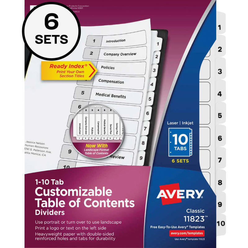 Avery Ready Index Table Of Contents Binder Dividers, 8-1/2in x 11in, White, 10 Tabs Per Pack, Set Of 6 Packs (Min Order Qty 3) MPN:11823