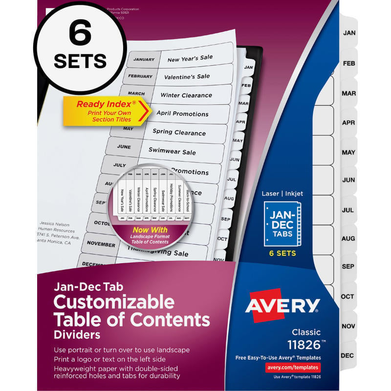 Avery Ready Index Jan-Dec Binder Dividers With Customizable Table of Contents, 8-1/2in x 11in, 12 Tabs Per Set, Classic White Tabs, Pack Of 6 Sets (Min Order Qty 3) MPN:11826