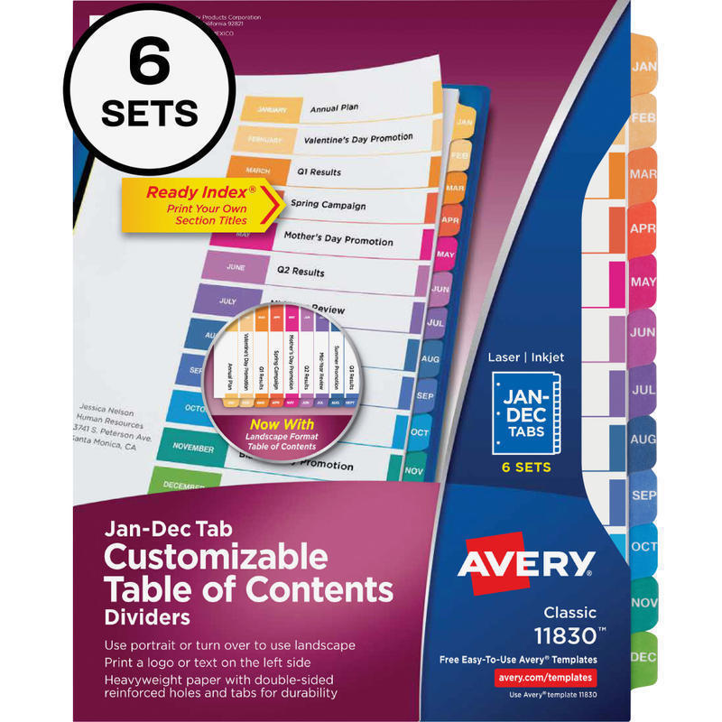 Avery Ready Index Dividers, Jan-Dec Tab & Customizable Table of Contents, 8-1/2in x 11in, Multicolor, 12 Dividers Per Pack, Set Of 6 Packs (Min Order Qty 2) MPN:11830