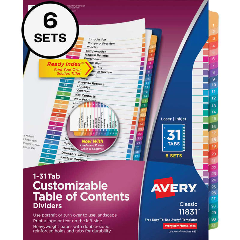 Avery Ready Index Binder Dividers, Customizable Table Of Contents, 31 Tab, Multicolor, Set Of 6 Sets (Min Order Qty 2) MPN:11831