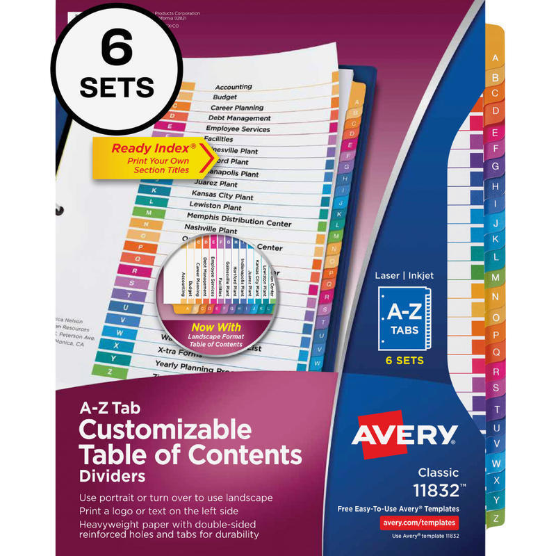 Avery Ready Index Dividers, A-Z Tab & Customizable Table of Contents, 8-1/2in x 11in, 26 Tab, Multicolor, Pack Of 6 Sets (Min Order Qty 3) MPN:11832