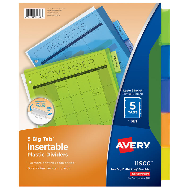 Avery Big Tab Insertable Plastic Dividers, Multicolor, 5-Tab (Min Order Qty 64) MPN:11900