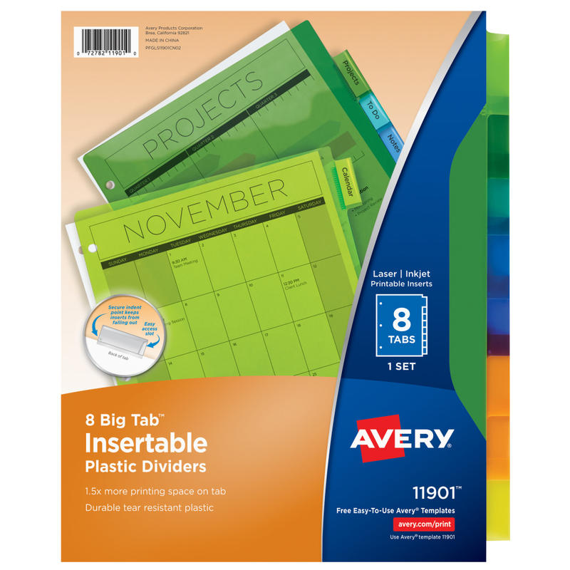 Avery Dividers for 3 Ring Binders, 8-Tab Binder Dividers, Plastic Binder Dividers, Insertable Big Tab, Multicolor, 1 Set (11901) (Min Order Qty 52) MPN:11901