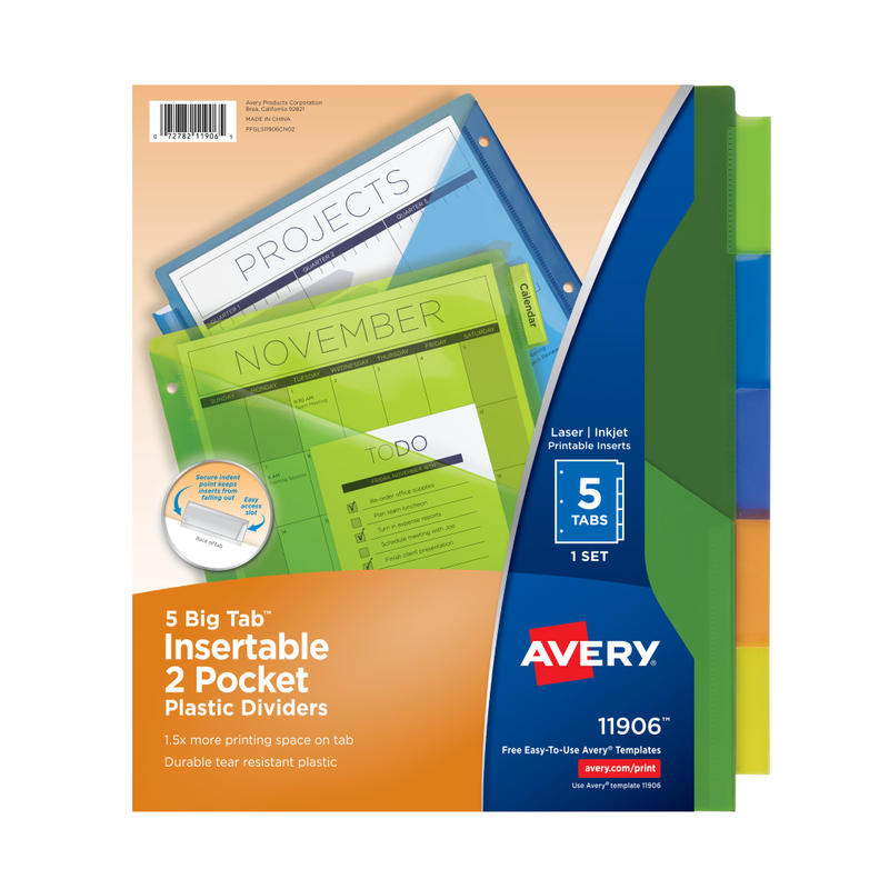 Avery Dividers for 3 Ring Binders, 5-Tab Binder Dividers, Two-Pocket Plastic Binder Dividers, Insertable Big Tab, Multicolor, 1 Set (11906) (Min Order Qty 32) MPN:11906