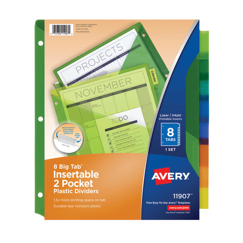 Avery Big Tab Insertable Plastic Dividers, Double Pocket, Multicolor, 8-Tab (Min Order Qty 23) MPN:11907