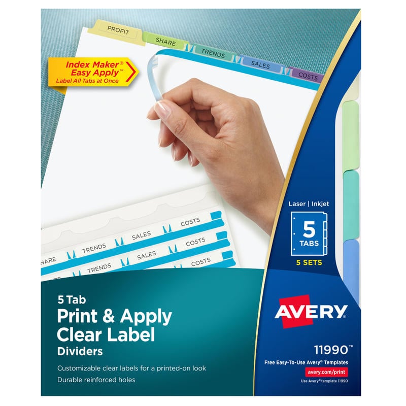 Avery Customizable Index Maker Dividers For 3 Ring Binder, Easy Print & Apply Clear Label Strip, 5 Tab, Pastel Tabs, Pack Of 5 Sets (Min Order Qty 2) MPN:11990