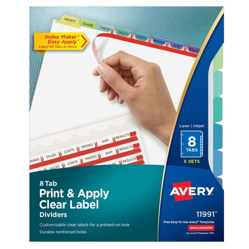 Avery Customizable Index Maker Dividers For 3 Ring Binder, Easy Print & Apply Clear Label Strip, 8 Tab, Pastel Tabs, Pack Of 5 Sets (Min Order Qty 2) MPN:11991