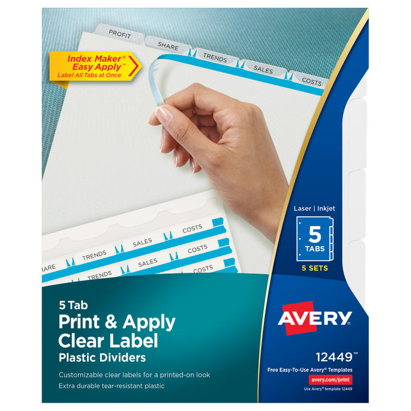 Avery Print & Apply Clear Label Translucent Plastic Dividers with Index Maker Easy Apply Printable Label Strip, 5 Frosted Clear Tabs, Pack Of 5 Sets (Min Order Qty 3) MPN:12449