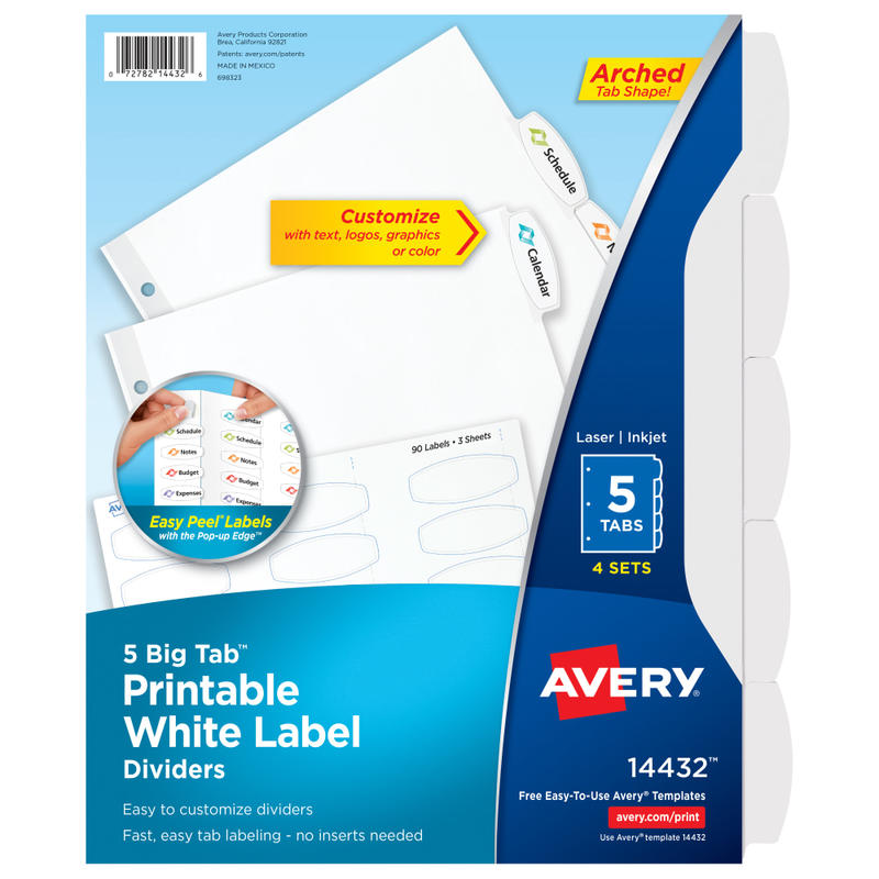 Avery Easy Peel Pop-up Edge Label Dividers, 8 1/2in x 11in, 5-Tab, White, Pack Of 4 (Min Order Qty 4) MPN:14432