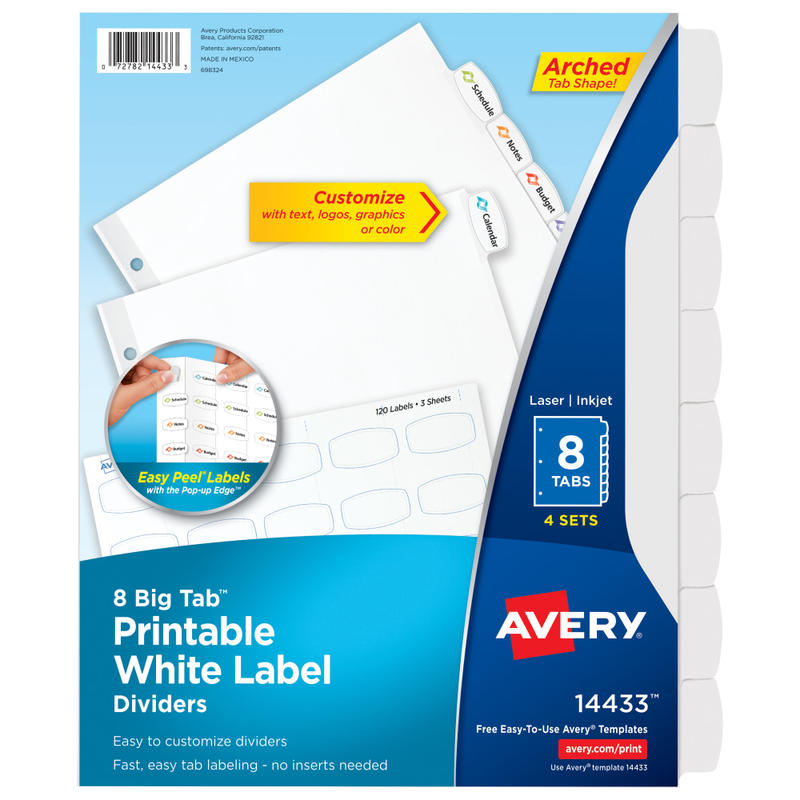 Avery Easy Peel Pop-up Edge Label Dividers, 8 1/2in x 11in, 8-Tab, White, Pack Of 4 (Min Order Qty 3) MPN:14433