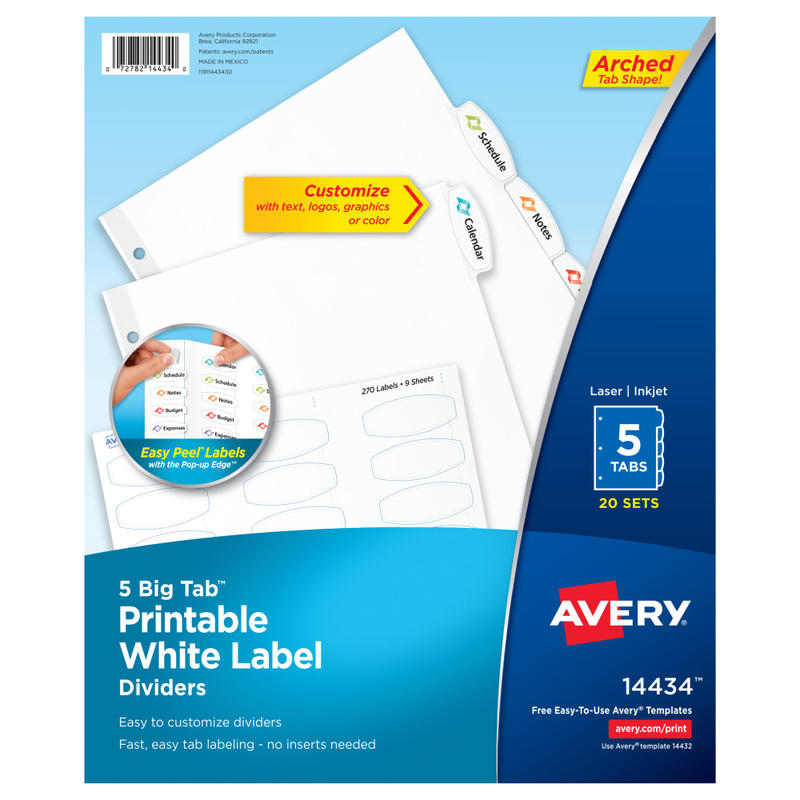 Avery Big Tab Printable Label Dividers With Easy Peel, 8-1/2in x 11in, 5 Tab, White, Pack Of 20 Sets (Min Order Qty 2) MPN:14434