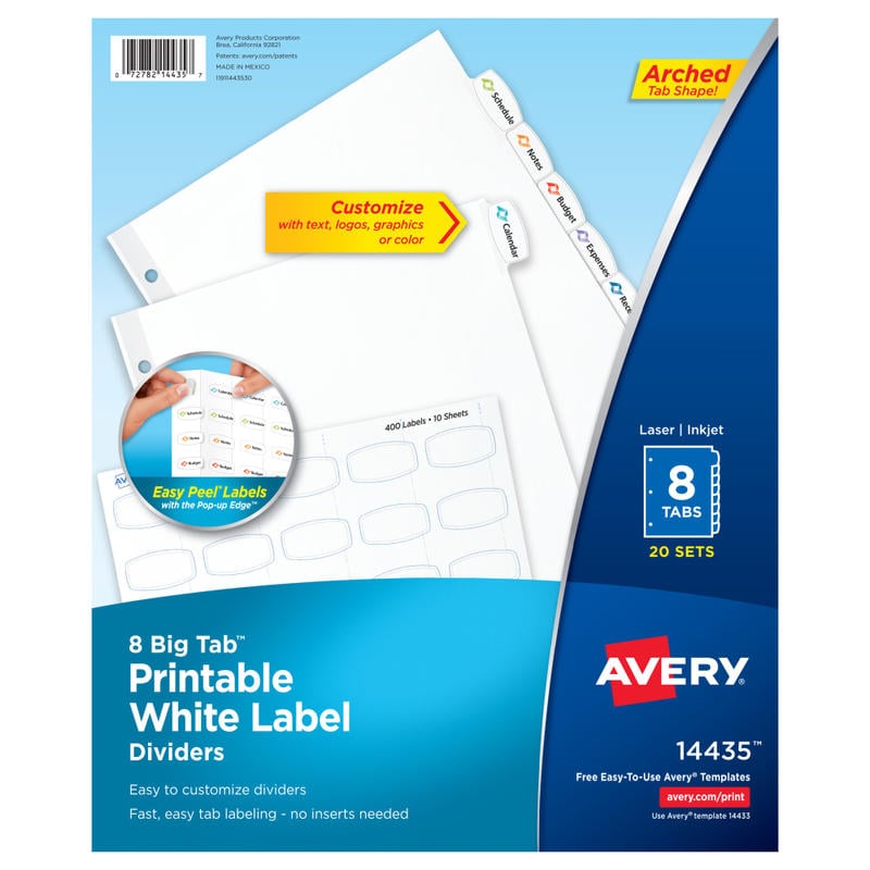 Avery Big Tab Printable Label Dividers, Easy Peel, 8 Tabs, Pack Of 20 Sets MPN:14435