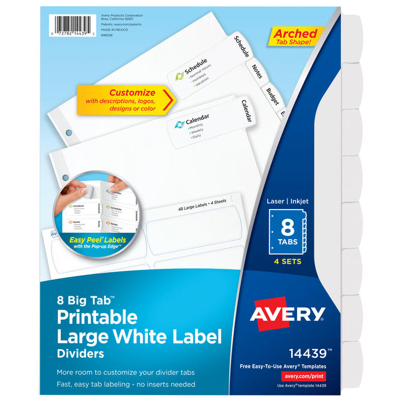 Avery Big Tab Printable Large Label Dividers With Easy Peel, 8 1/2in x 11in, 8 Tab, White, Pack Of 4 (Min Order Qty 4) MPN:14439